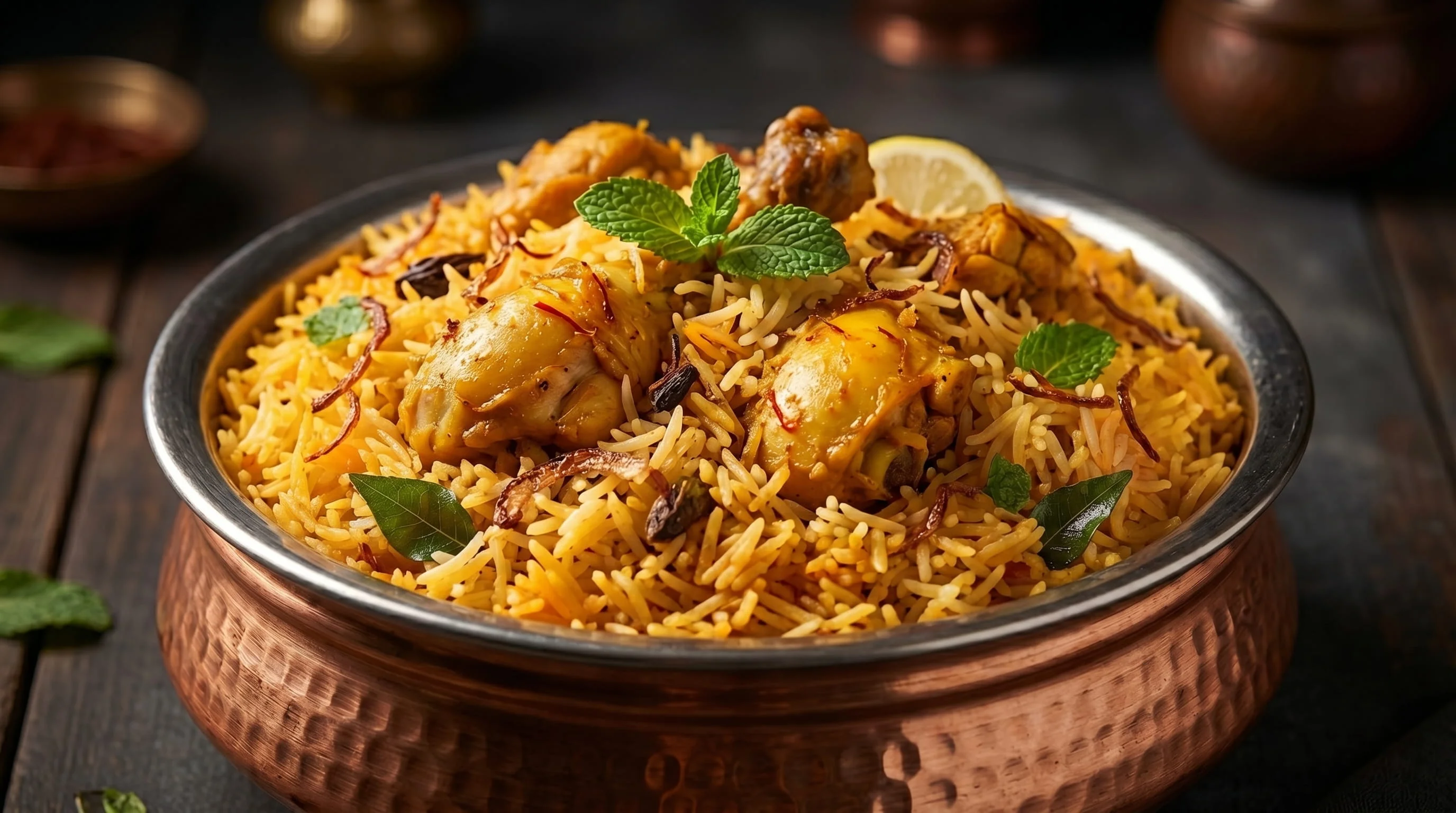 Premium realistic food photography showing Malabar Biryani in a copper dish